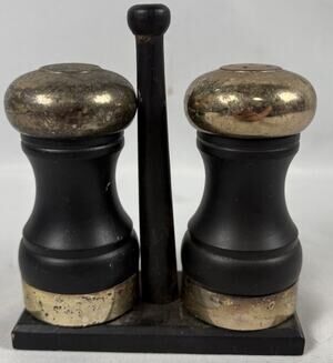 Vintage Mid Century Black Wood Salt Shaker & Pepper Mill Grinder Caddy Stand